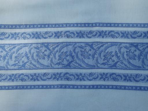 photo of vintage blue jacquard border damask tablecloth lot, french fleur de lis etc. #4