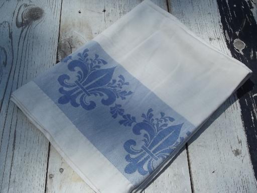 photo of vintage blue jacquard border damask tablecloth lot, french fleur de lis etc. #7