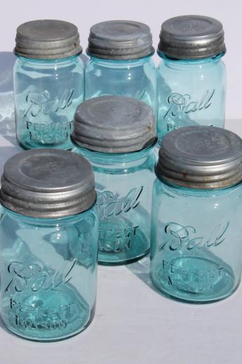 photo of vintage blue mason jar, old Ball jars w/ zinc lids,  lot of 6  Perfect Mason pint jars #1