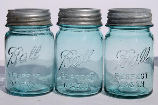 photo of vintage blue mason jar, old Ball jars w/ zinc lids,  lot of 6  Perfect Mason pint jars #4