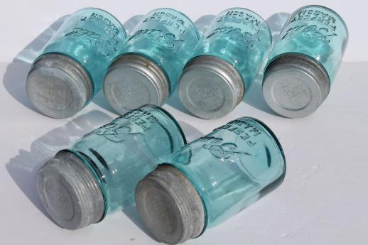 photo of vintage blue mason jar, old Ball jars w/ zinc lids,  lot of 6  Perfect Mason pint jars #6