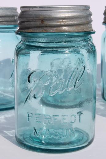 photo of vintage blue mason jar, old Ball jars w/ zinc lids,  lot of 6  Perfect Mason pint jars #8