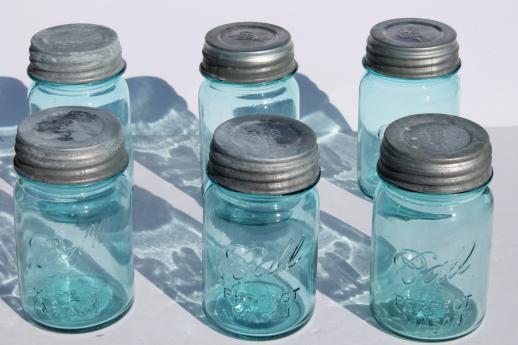 photo of vintage blue mason jar w/ zinc lids,  lot of 6 old Ball jars pint Perfect Mason #1