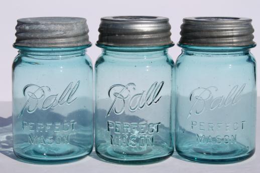photo of vintage blue mason jar w/ zinc lids,  lot of 6 old Ball jars pint Perfect Mason #2