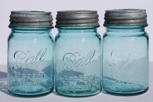photo of vintage blue mason jar w/ zinc lids,  lot of 6 old Ball jars pint Perfect Mason #4