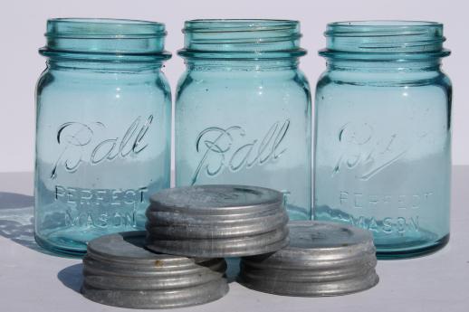 photo of vintage blue mason jar w/ zinc lids,  lot of 6 old Ball jars pint Perfect Mason #5