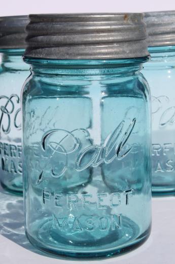 photo of vintage blue mason jar w/ zinc lids,  lot of 6 old Ball jars pint Perfect Mason #8