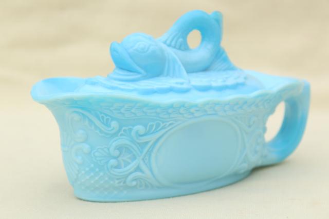 photo of vintage blue milk glass dolphin pattern glass box, candy dish or covered bowl #1