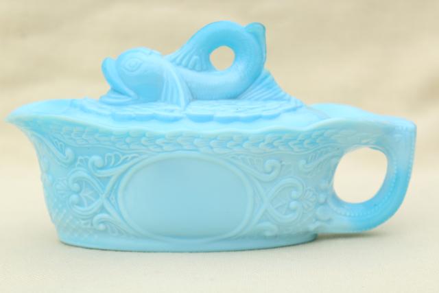 photo of vintage blue milk glass dolphin pattern glass box, candy dish or covered bowl #2