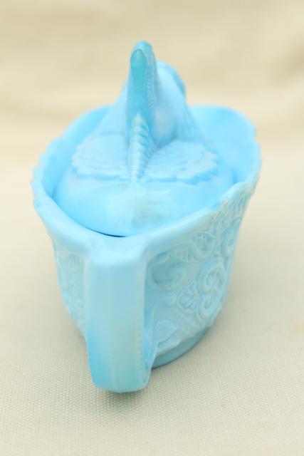 photo of vintage blue milk glass dolphin pattern glass box, candy dish or covered bowl #3