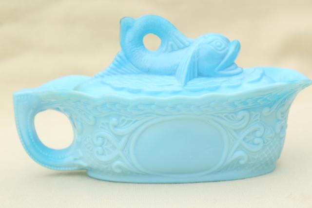 photo of vintage blue milk glass dolphin pattern glass box, candy dish or covered bowl #4