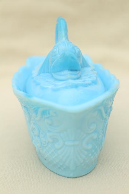 photo of vintage blue milk glass dolphin pattern glass box, candy dish or covered bowl #5