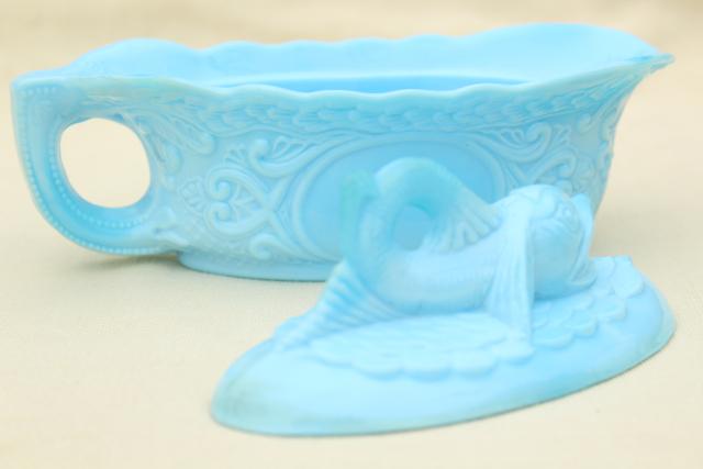 photo of vintage blue milk glass dolphin pattern glass box, candy dish or covered bowl #6