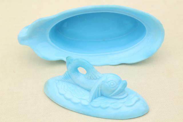 photo of vintage blue milk glass dolphin pattern glass box, candy dish or covered bowl #7