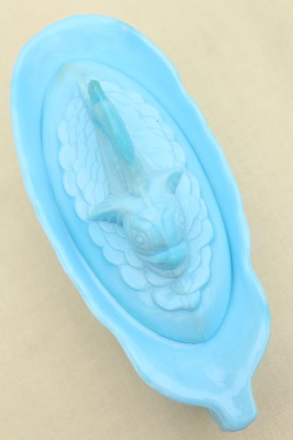 photo of vintage blue milk glass dolphin pattern glass box, candy dish or covered bowl #9