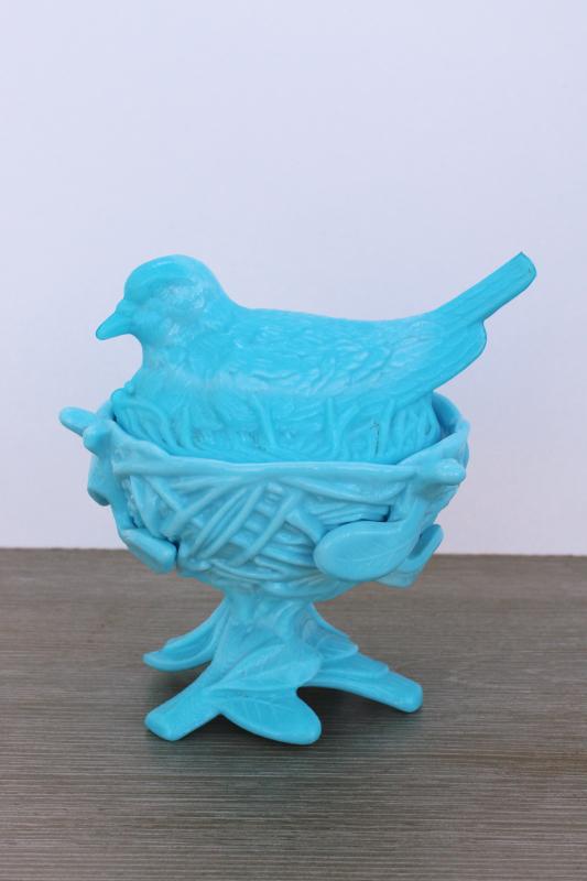photo of vintage blue milk glass robin on nest covered bowl, Westmoreland candy dish w/ bird #1