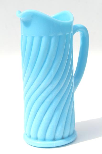 photo of vintage blue milk glass swirl pitcher or tall creamer, Portieux Vallerysthal France #1