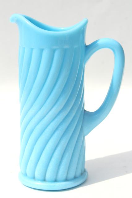 photo of vintage blue milk glass swirl pitcher or tall creamer, Portieux Vallerysthal France #2