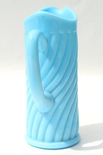 photo of vintage blue milk glass swirl pitcher or tall creamer, Portieux Vallerysthal France #3