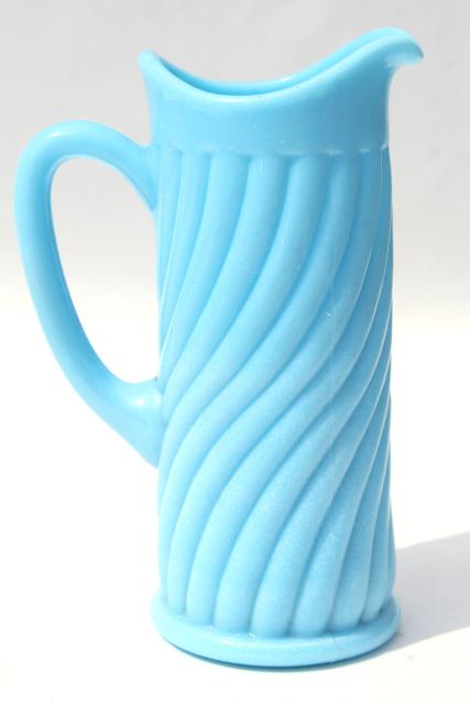 photo of vintage blue milk glass swirl pitcher or tall creamer, Portieux Vallerysthal France #4