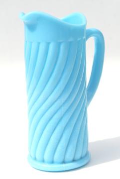 catalog photo of vintage blue milk glass swirl pitcher or tall creamer, Portieux Vallerysthal France