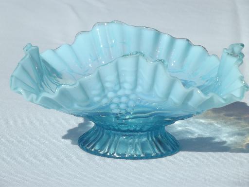 photo of vintage blue opalescent glass, Northwood grapes pattern glass bowl #1