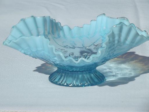 photo of vintage blue opalescent glass, Northwood grapes pattern glass bowl #2