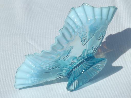 photo of vintage blue opalescent glass, Northwood grapes pattern glass bowl #3