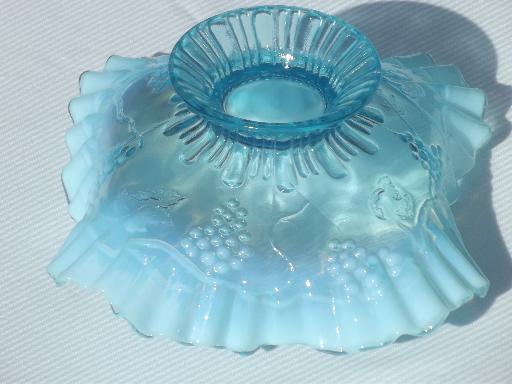 photo of vintage blue opalescent glass, Northwood grapes pattern glass bowl #4