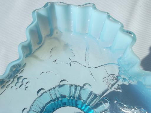photo of vintage blue opalescent glass, Northwood grapes pattern glass bowl #5