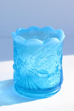 catalog photo of vintage blue opalescent glass wreathed cherry cherries toothpick vase, L G Wright W mark