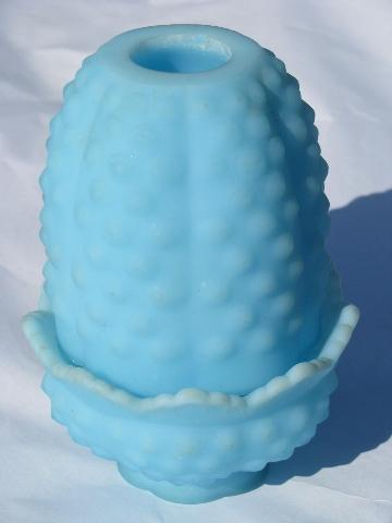 photo of vintage blue satin glass Fenton hobnail fairy light candle lamp #1