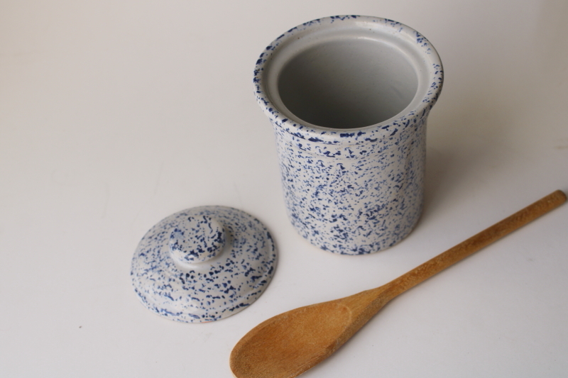 photo of vintage blue spatter spongeware crock w/ lid, maple leaf Western stoneware small canister or spoon holder  #2