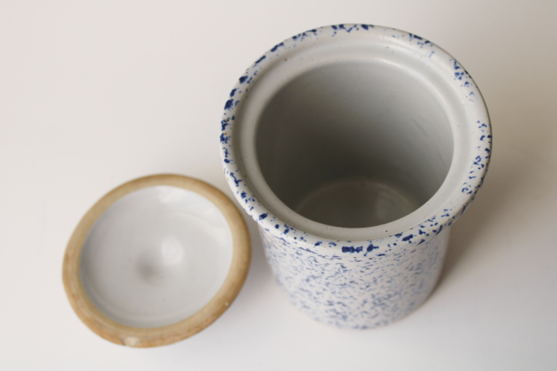 photo of vintage blue spatter spongeware crock w/ lid, maple leaf Western stoneware small canister or spoon holder  #3