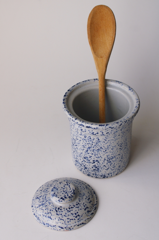 photo of vintage blue spatter spongeware crock w/ lid, maple leaf Western stoneware small canister or spoon holder  #4