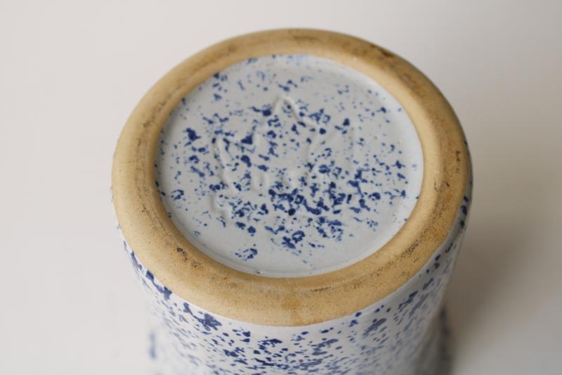 photo of vintage blue spatter spongeware crock w/ lid, maple leaf Western stoneware small canister or spoon holder  #5