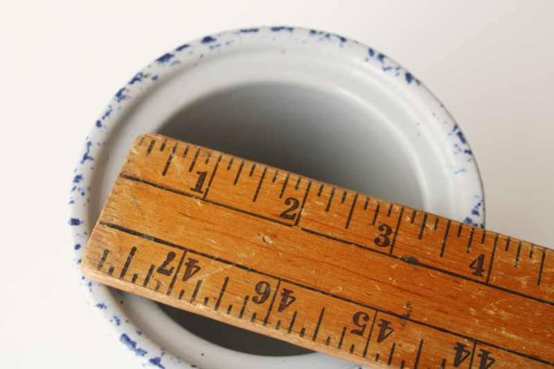 photo of vintage blue spatter spongeware crock w/ lid, maple leaf Western stoneware small canister or spoon holder  #6
