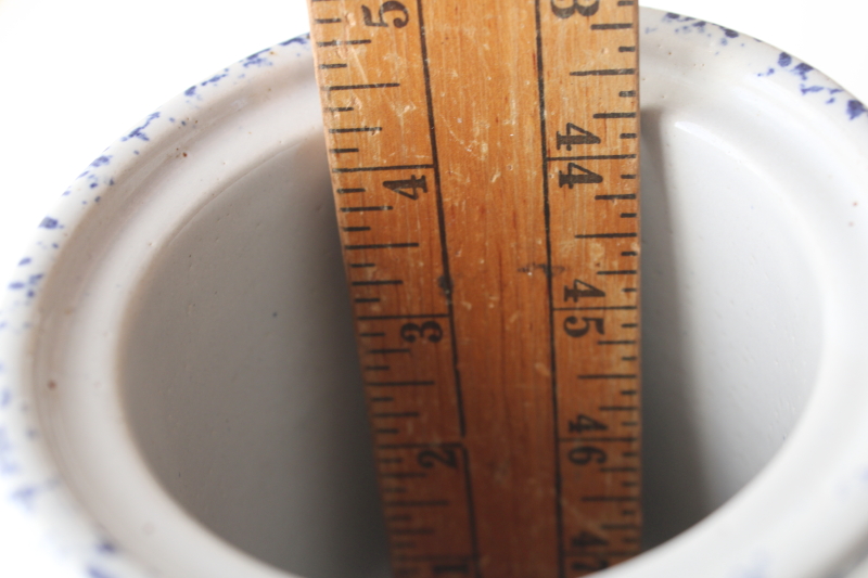 photo of vintage blue spatter spongeware crock w/ lid, maple leaf Western stoneware small canister or spoon holder  #7