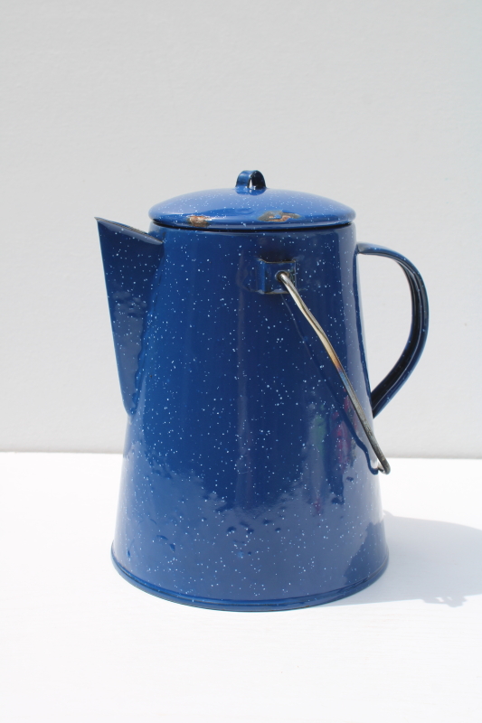 photo of vintage blue spatterware speckled enamel ware coffee pot w/ metal wire bail handle #1