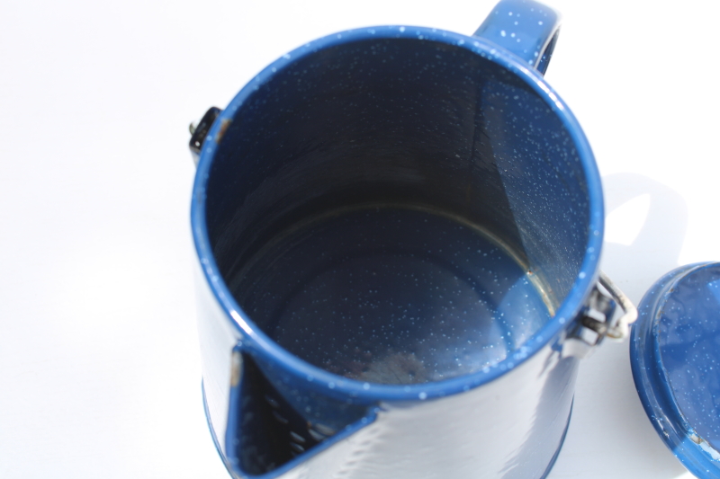 photo of vintage blue spatterware speckled enamel ware coffee pot w/ metal wire bail handle  #2