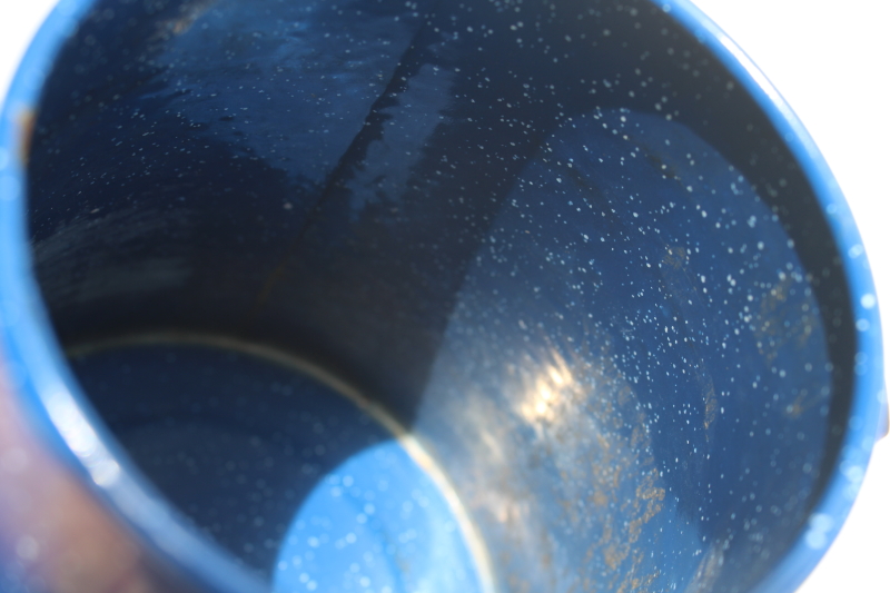 photo of vintage blue spatterware speckled enamel ware coffee pot w/ metal wire bail handle  #3