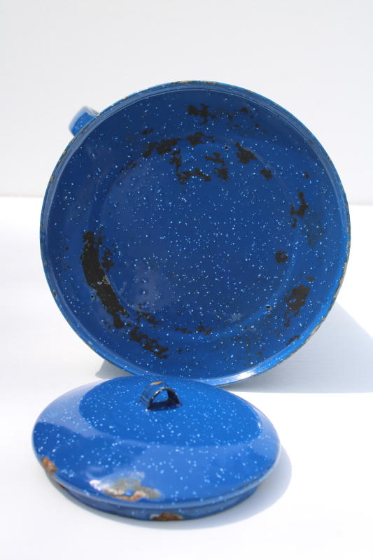 photo of vintage blue spatterware speckled enamel ware coffee pot w/ metal wire bail handle  #5