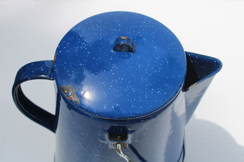 photo of vintage blue spatterware speckled enamel ware coffee pot w/ metal wire bail handle  #6