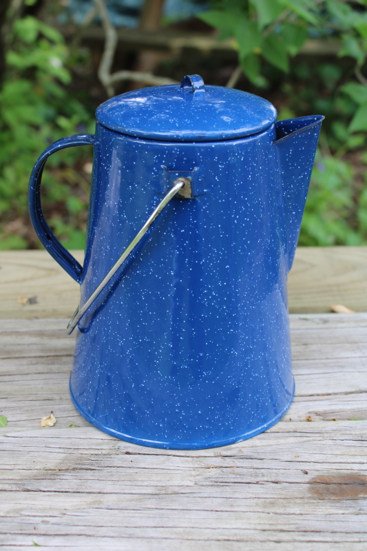 photo of vintage blue spatterware speckled enamel ware coffee pot w/ metal wire bail handle  #7
