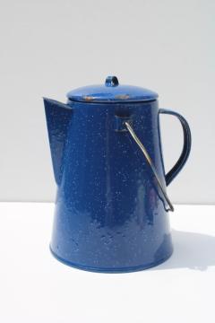 catalog photo of vintage blue spatterware speckled enamel ware coffee pot w/ metal wire bail handle 