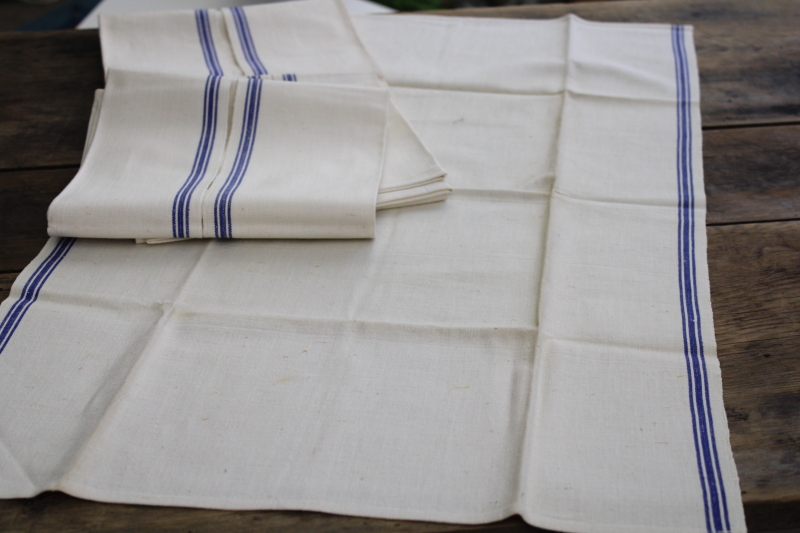 photo of vintage blue stripe kitchen towels, cotton linen blend dish drying towels #1