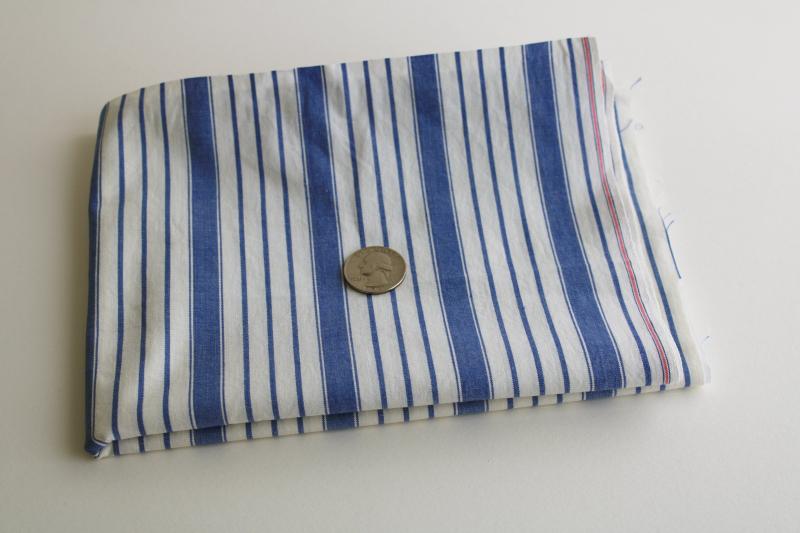 photo of vintage blue striped cotton fabric, tightly woven sheeting weight pillow ticking #1