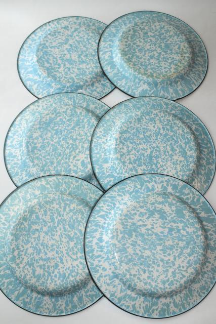 photo of vintage blue swirl enamelware plates and bowls, country primitive rustic camp cabin dishes #3