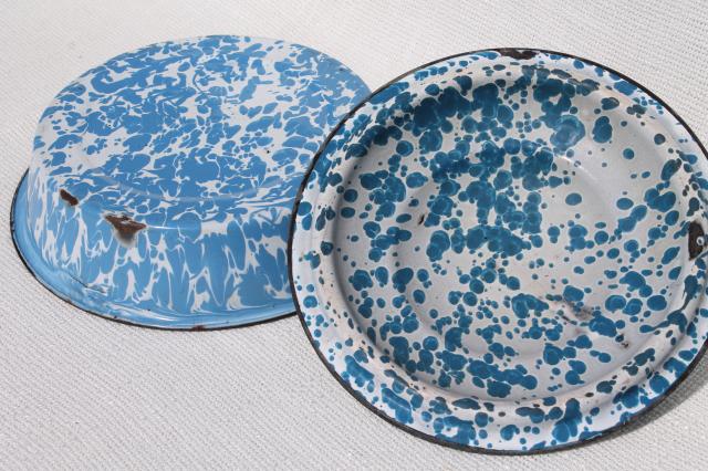 photo of vintage blue swirl enamelware, skillet frying pan & deep dish plate w/ cover #8