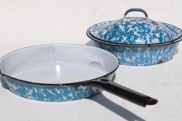 catalog photo of vintage blue swirl enamelware, skillet frying pan & deep dish plate w/ cover